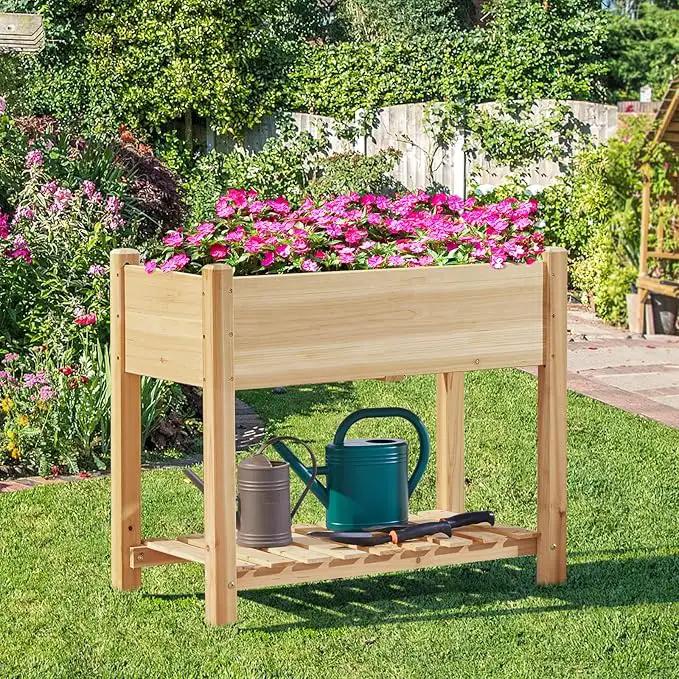 Yaheetech 34x18x30in Horticulture Raised Garden Bed Planter Box with Legs & Storage Shelf Wooden Elevated Vegetable Growing Bed for Flowers, Plants, Backyard, Patio, Balcony, Light Brown by GreenHaven Gardens