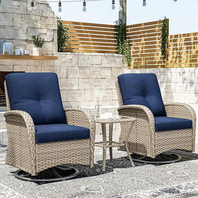 Joyside Outdoor Swivel Rocker Chairs, 3 Piece Wicker Patio Set with Thick Cushion and Side Table, Rattan Patio Swivel Rocking Chairs for Porch, Deck Use (Natural/Blue, 3 PCS) by GreenHaven Gardens