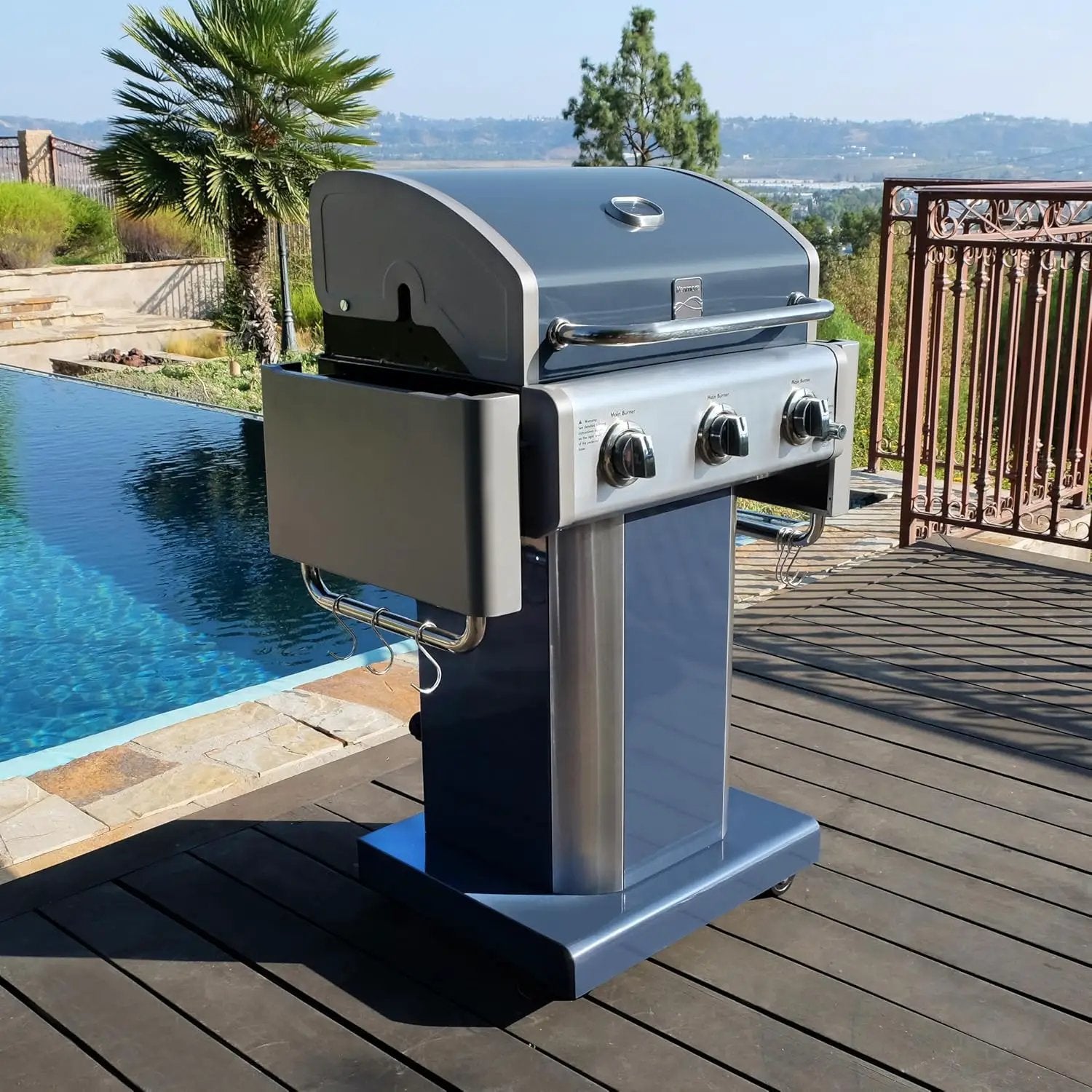 Kenmore 3-Burner Propane BBQ Grill, 30,000 BTUs Gas Grill with Cast Iron Cooking Grates, Folding Side Tables & Wheels, Outdoor Grill with Tool Hooks, Azure Blue + Bonus Cover by GreenHaven Gardens