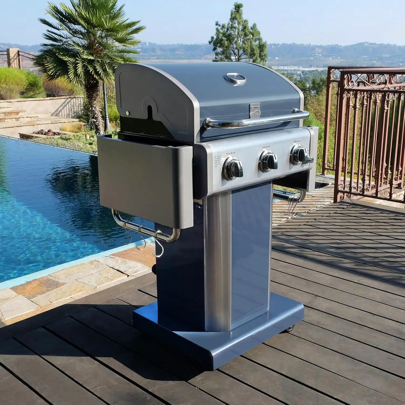 Kenmore 3-Burner Propane BBQ Grill, 30,000 BTUs Gas Grill with Cast Iron Cooking Grates, Folding Side Tables & Wheels, Outdoor Grill with Tool Hooks, Azure Blue + Bonus Cover by GreenHaven Gardens