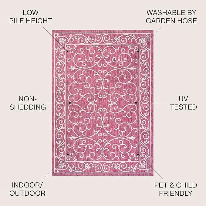 JONATHAN Y SMB106J-4 Charleston Vintage Filigree Textured Weave Indoor Outdoor Area Rug, Classic Traditional Easy-Cleaning,Bedroom,Kitchen,Backyard,Patio,Non Shedding, 4 X 6, Fuchsia/Light Gray by GreenHaven Gardens