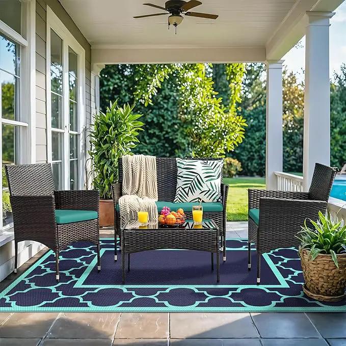 GENIMO 5 ' x 8 ' Outdoor Rug for Patio, Waterproof Indoor Outdoor Plastic Straw Rugs Carpet, Reversible Outside Area Mat for Camping, Balcony Porch, Deck, Picnic, Beach Navy Blue & Jade Green by GreenHaven Gardens