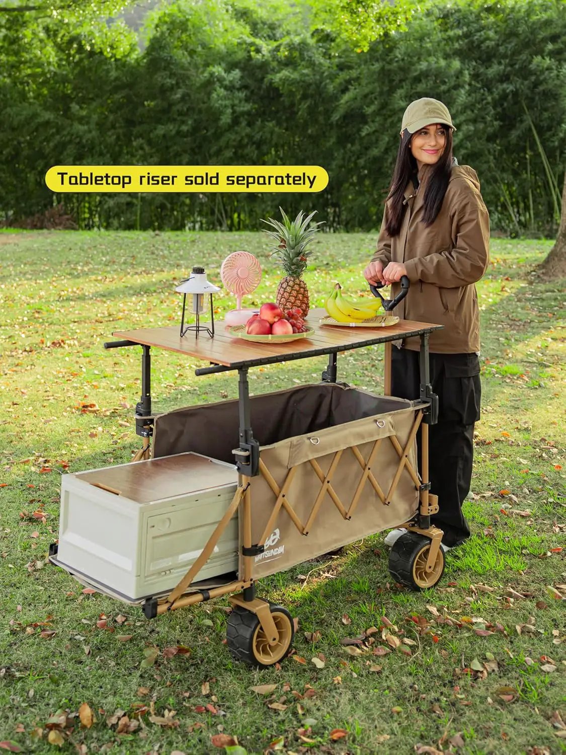Whitsunday Collapsible Folding Wagon with Table,Heavy Duty Utility Beach Wagons with Opened Tailgate and All-Terrain Wheels for Camping,Garden,Sports Khaki by GreenHaven Gardens