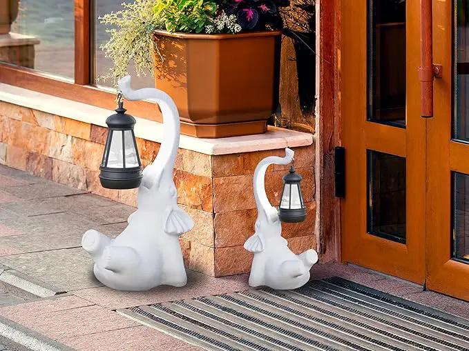 Statue Decoration, Figurine, Lawn Statue, Sculpture Ornament, Animal Figurine - Elephant Resin Statue with Lantern (Hand-JD Face Upward-JD) by GreenHaven Gardens