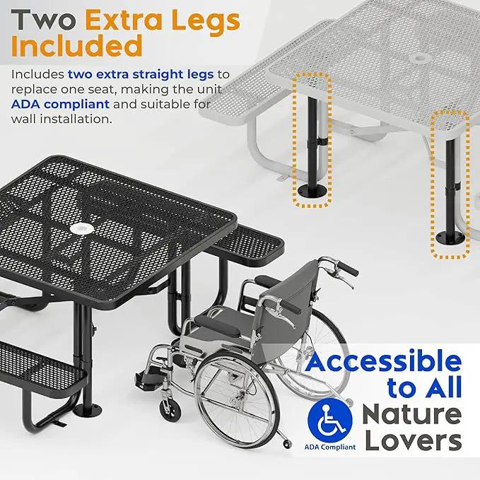 Metal Picnic Tables for Outdoors with Umbrella Hole - Coated Steel Heavy Duty Commercial Grade Table with Adjustable Seats (Black, 46 in, Square, Expanded Steel) by GreenHaven Gardens