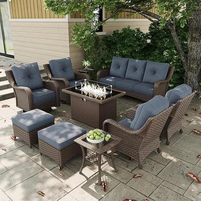 10 Pieces Outdoor Patio Furniture Sets with Rocking Swivel Chairs with 6-inch Thick Cushion and Fire Pit Table for Deck Lawn by GreenHaven Gardens