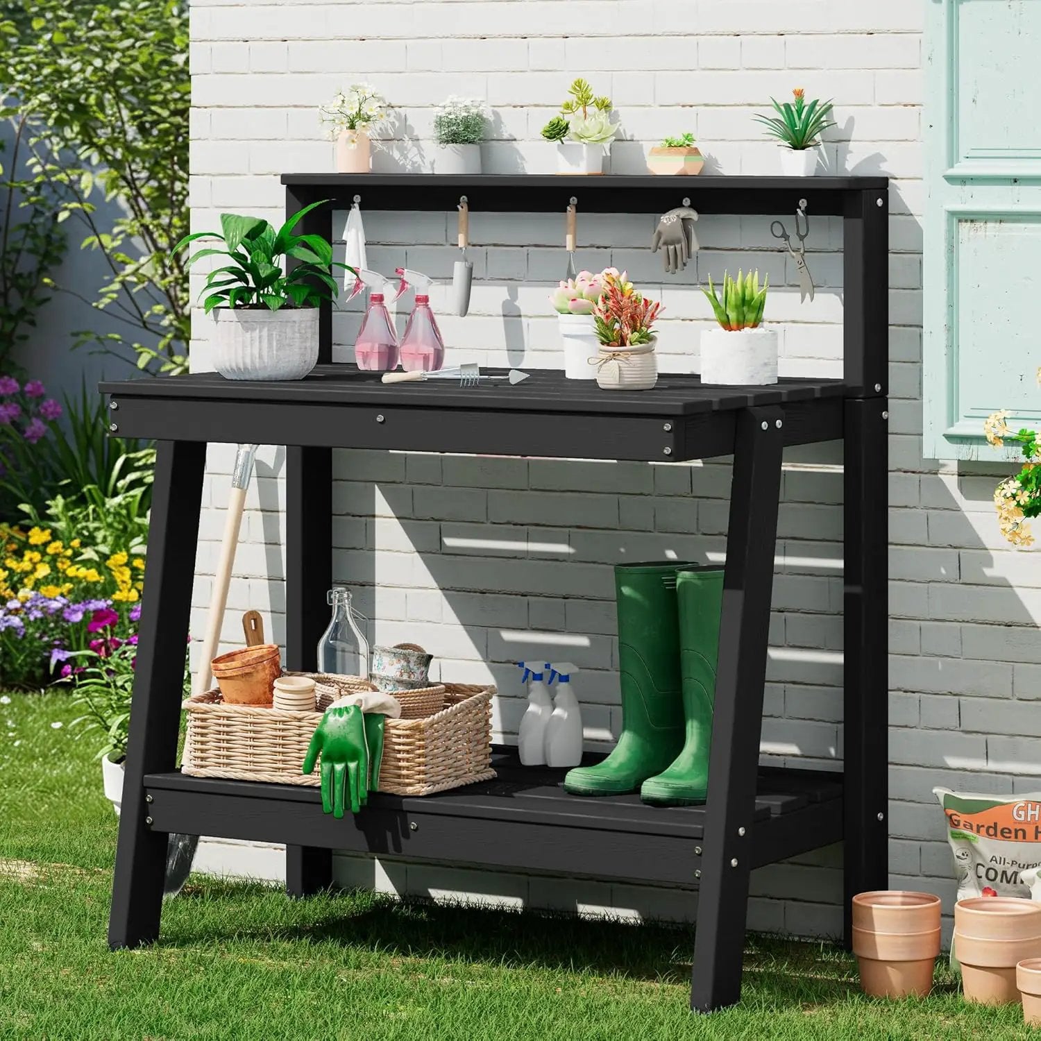 SERWALL Potting Bench Outdoor with Storage, 3-Tier HDPE Gardening Table with Angled Legs & Tool Hooks, All-Weather Heavy Duty Potting Table for Patio, Backyard, Garden, Black by GreenHaven Gardens