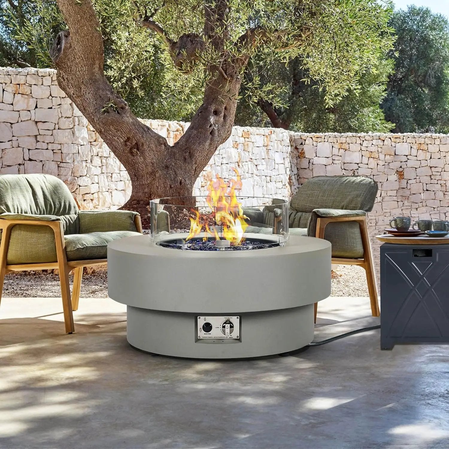 32.5-inch Outdoor Gas Fire Pit with 20lb Propane Tank Cover Table & Wind Glass Shield,50,000BTU Propane Gas Fire Pits for Outside Patio w/Round Burner Lid, Glass Rocks by GreenHaven Gardens