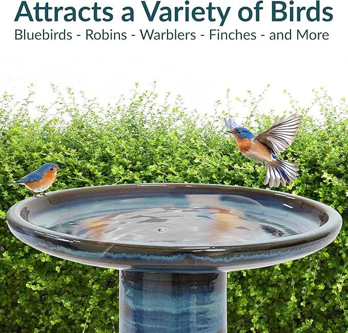 Sunnydaze 21" H Ceramic Bird Bath for Outside - Hand-Painted Outdoor Bird Bath Bowl, UV/Frost-Resistant Finish - Galaxy Blue - Ribbed Pedestal by GreenHaven Gardens