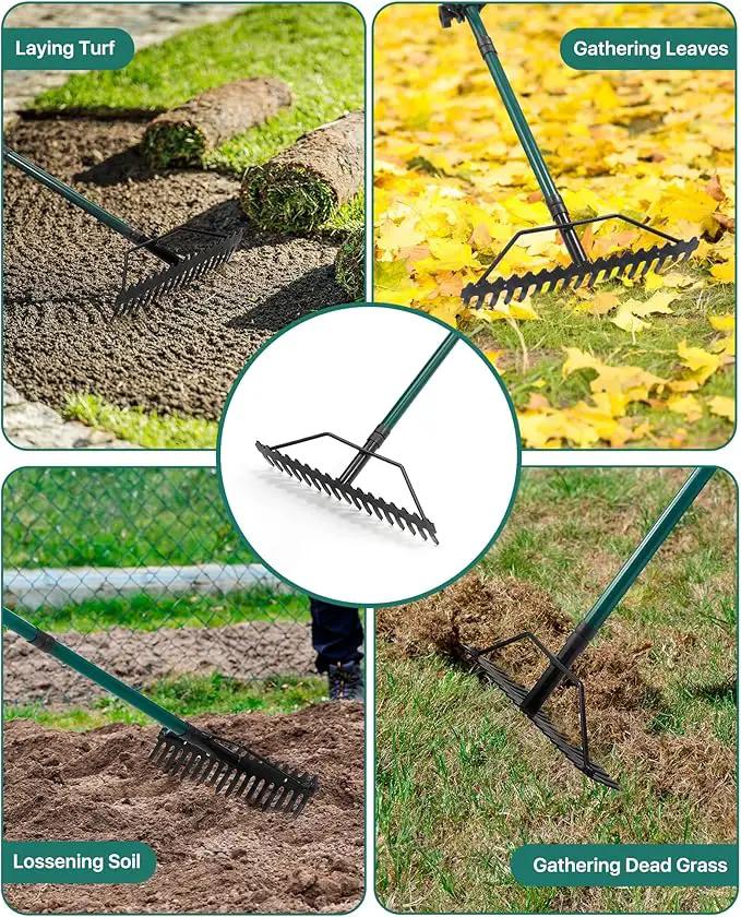 Garden Rake, 17'' Thatch Rake Heavy Duty with 63'' Long Back-Saving Adjustable Handle, Heavy Duty Metal Garden Tool for Loosening Leveling Soil, Gathering Leaves Grass, Weeding by GreenHaven Gardens