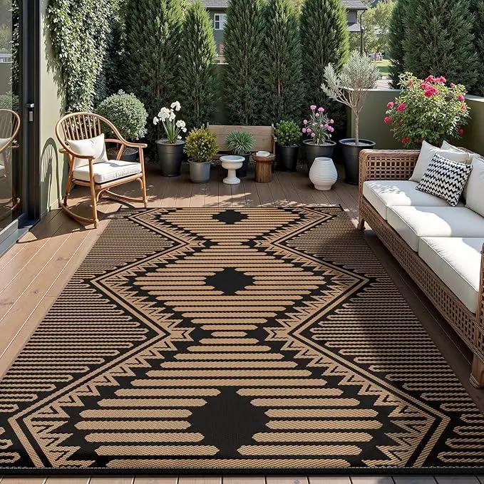 MontVoo Outdoor Rug-Waterproof Patio Rug Mat 5x8 Outdoor Carpet Mat Reversible Plastic Straw Outside Outdoor Rug for RV Camping Picnic Balcony Backyard Pool Deck Porch Modern Boho Black Brown by GreenHaven Gardens