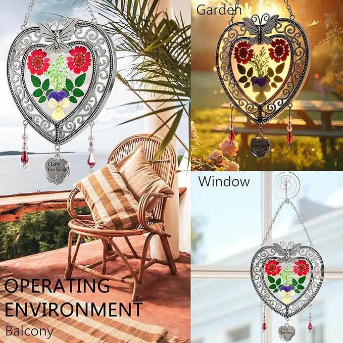 KY&BOSAM Heart Suncatchers I Love You Nana Tree of Life Stained Glass Panels Hangings for Windows Wind Chime Home Garden Outside Decor with Pressed Real Flower Heart in Glass Birthday Gifts for Women by GreenHaven Gardens