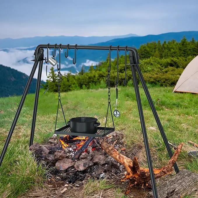 RELIANCER Grill Swing,Campfire Grill Cooking Stand w/8 Hooks & Storage Bag,Cast Iron BBQ Party Swing Grilling Cooking Rack,Outdoor Picnic Camping Cookware Hanging Rack,Collapsible Bonfire Barbecue Set by GreenHaven Gardens