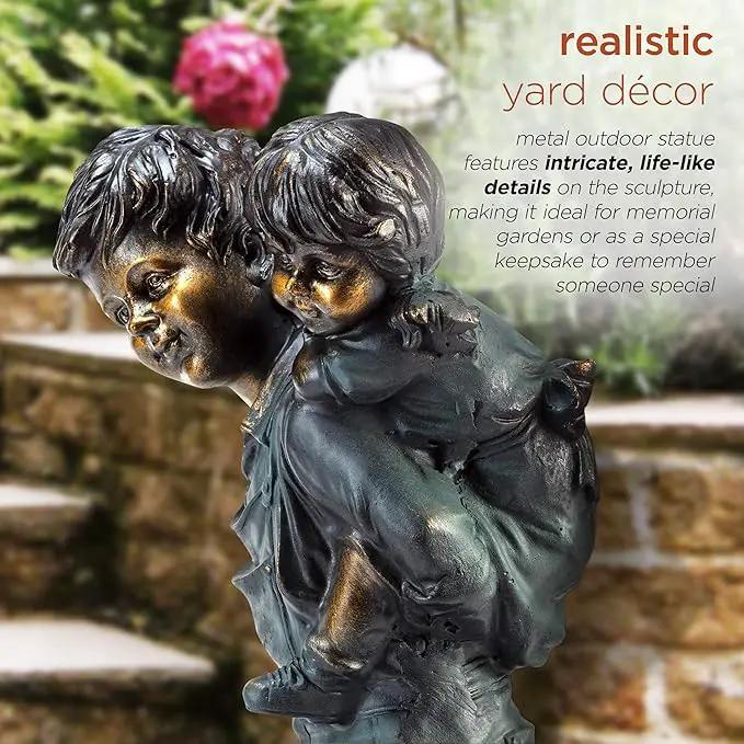 Alpine Corporation 16" Tall Indoor/Outdoor Patina Finish Piggyback Kids Yard Statue Decoration by GreenHaven Gardens