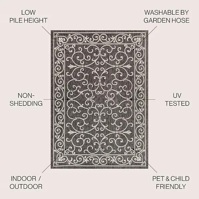 JONATHAN Y SMB106G-8 Charleston Vintage Filigree Textured Weave Indoor Outdoor Area Rug Classic Coastal Easy Cleaning Bedroom Kitchen Backyard Patio Non Shedding, 8 X 10, Black/Gray by GreenHaven Gardens