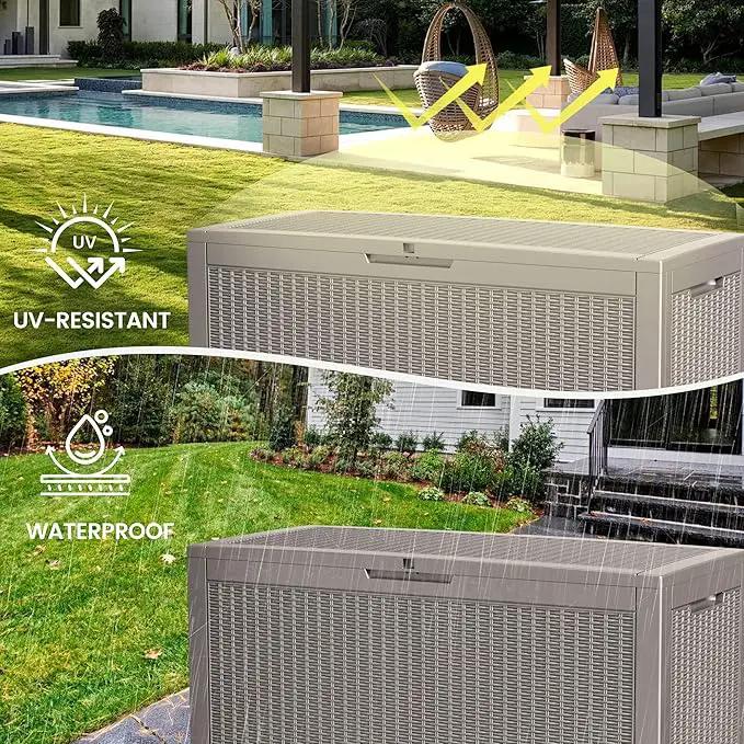 100 Gallon Storage Box, Waterproof Resin Deck Box with Hydraulic Piston Design, Lockable Storage Bench for Package Delivery, Storage Bin for Patio Cushions, Garden Tools, Grey by GreenHaven Gardens