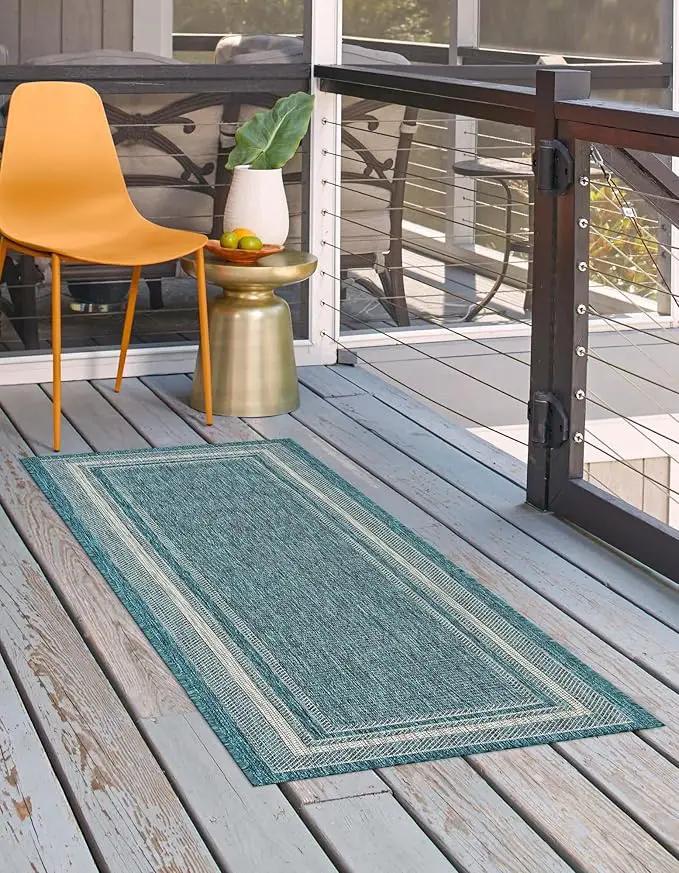 Unique Loom Outdoor Border Collection Area Rug - Soft Border (2'x 6' 1" Runner, Teal/ Ivory) by GreenHaven Gardens