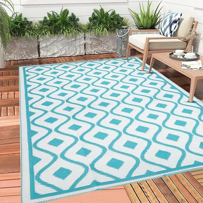 Pauwer Waterproof Outdoor Rug 6x9, Reversible Plastic Straw Patio Camping Rug, Indoor Outdoor RV Mat Carpet for Deck, Camper, Porch, Balcony, Backyard, Picnic, Geometric Teal by GreenHaven Gardens