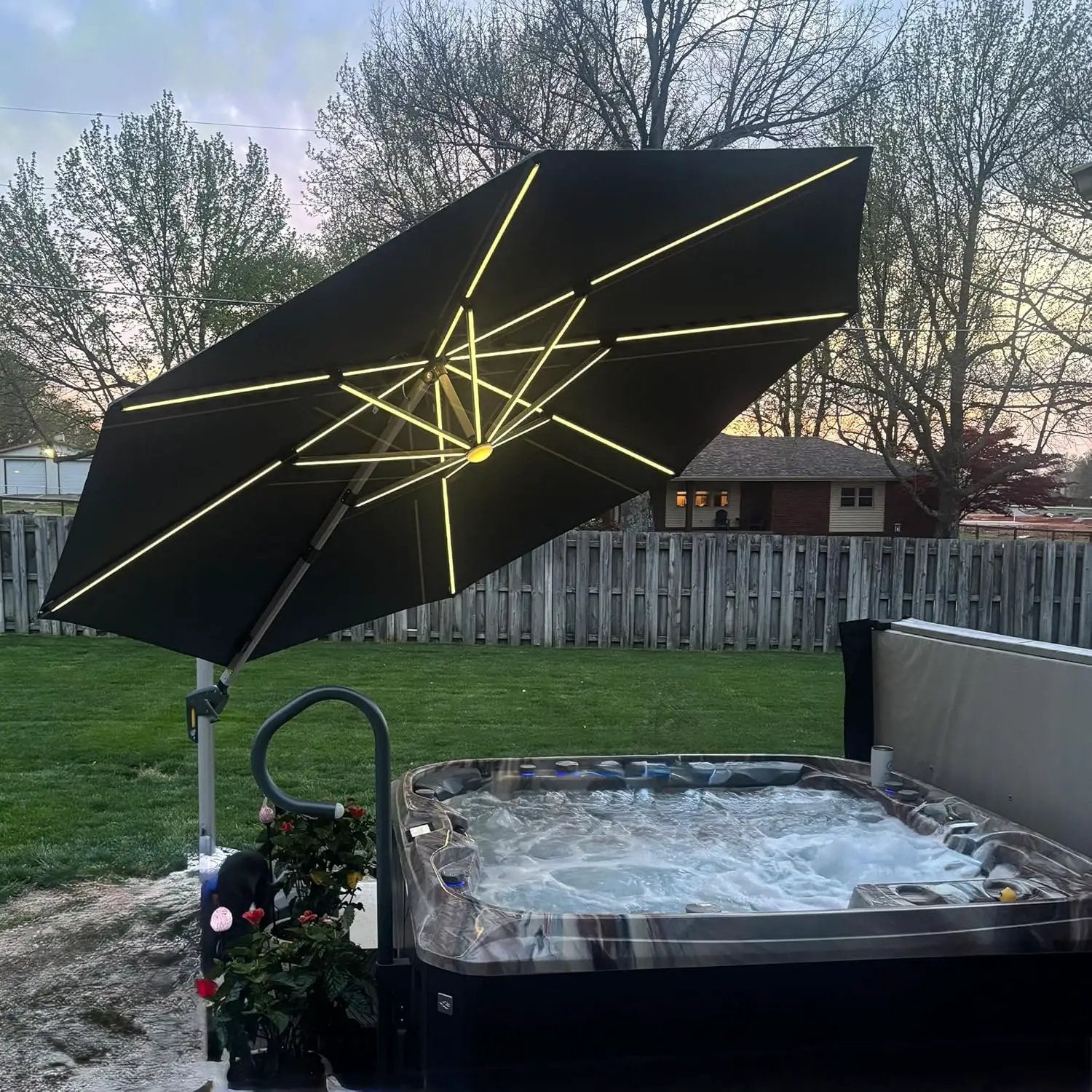 PURPLE LEAF 12ft Solar powered LED Patio Umbrella Outdoor Round Umbrella Large Cantilever Umbrellas with LED lights Windproof Offset Umbrellas Heavy Duty Sun Umbrella for Garden Deck Pool Patio, Grey by GreenHaven Gardens