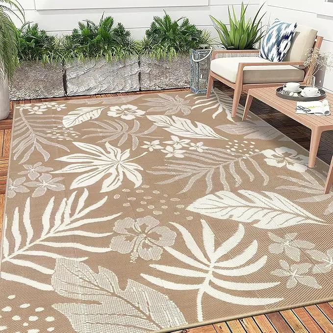 Pauwer Waterproof Outdoor Rug 8x10, Reversible Plastic Straw Patio Camping Rug, Indoor Outdoor RV Mat Carpet for Deck, Camper, Porch, Balcony, Backyard, Picnic, Floral Brown by GreenHaven Gardens