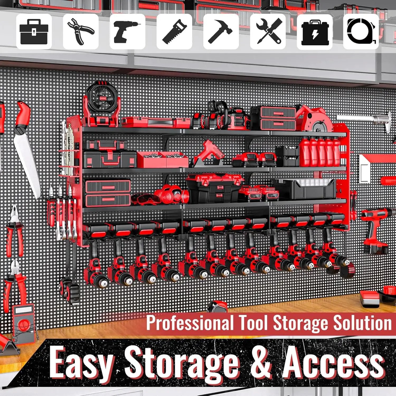 Large Power Tool Organizer Wall Mount-12 Drill Holder, Metal Heavy Duty Garage Tool Storage Shelves with Screwdriver Plier Holder, Gifts Idea for Men Dad Husband by GreenHaven Gardens