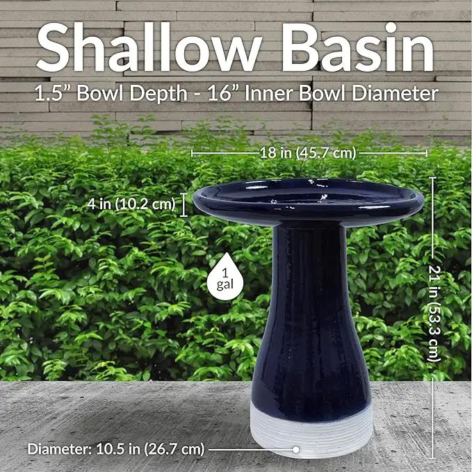 Sunnydaze 21" H Ceramic Bird Bath for Outside - Hand-Painted Outdoor Bird Bath Bowl, UV/Frost-Resistant Finish - Midnight Blue - Ribbed Pedestal by GreenHaven Gardens
