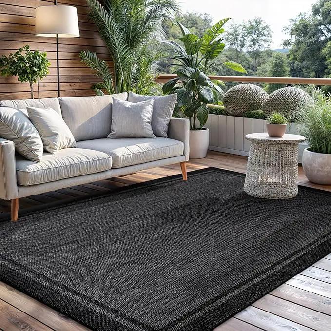 CAMILSON Indoor Outdoor Rug, 9x12 Bordered Dark Grey Black Modern Large Area Rugs for Indoor and Outdoor Patios, Kitchen and Hallway Mats, Washable Porch Deck Outside Carpet (Bordered Black, 9 x 12) by GreenHaven Gardens