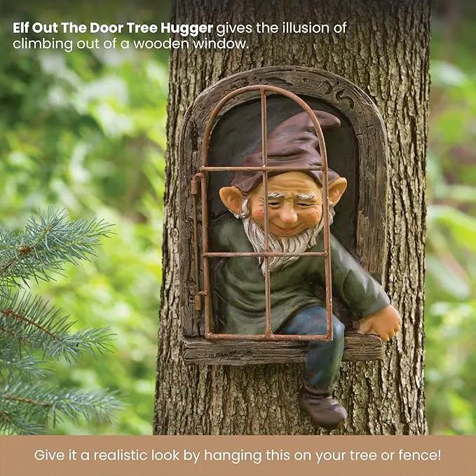 Bits and Pieces - 12-inch Elf Out The Door Tree Hugger - Yard Decorations - Whimsical Tree Sculpture - Garden Decoration - Garden Peeker Yard Art by GreenHaven Gardens