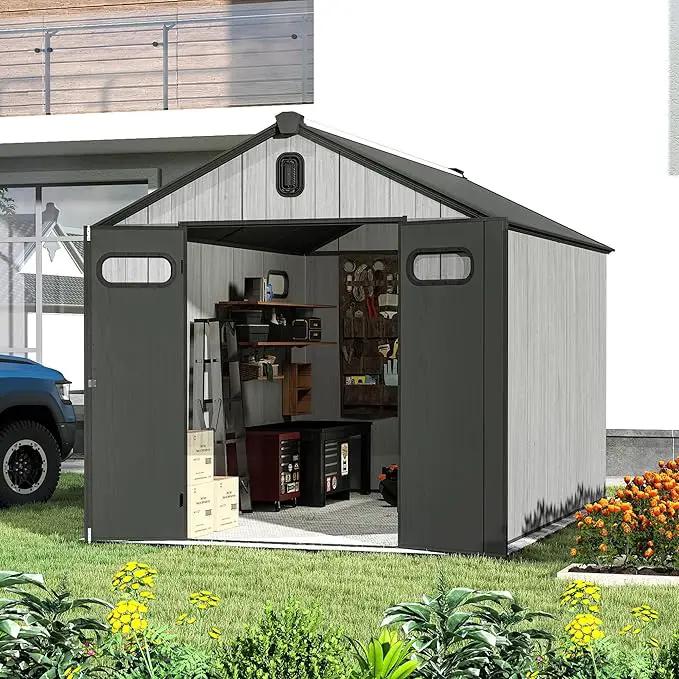 Domi 8x12FT Outdoor Resin Storage Shed with Transparent Windows & Louvered Vents, Plastic Tool Shed with Double Lockable Doors & Gable Roof, Outside Garden Shed for Backyard, Patio, Lawn, Grey by GreenHaven Gardens