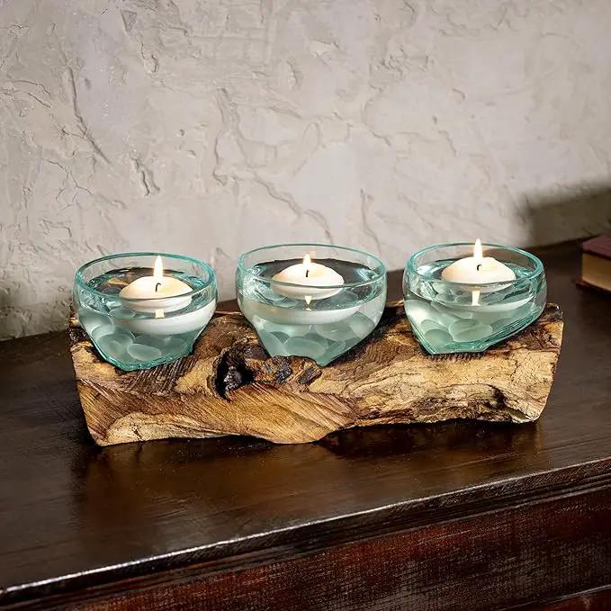 Cape Craftsmen Set of 3 Terrariums | Hand-Blown Blue Tinted Bubble Glasses On Natural Teak Driftwood Terrarium | Home Décor Indoor Planter with Stand | Glass Clear Pots for Succulent and Plants by GreenHaven Gardens