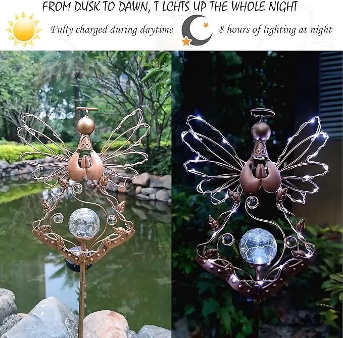 Solar Angel Outdoor Lights Garden Stake - Metal Angel Crackle Glass Ball Solar Light- Waterproof 31 White LED for Garden Lawn Patio or Courtyard Decor（Bronze） by GreenHaven Gardens