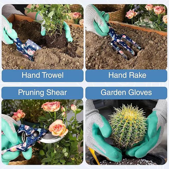 WORKPRO Aluminum Garden Tool Set, 4PCS Heavy Duty Hand Garden Tools with Box Include Trowel, Rake, Pruner, Garden Gloves, Floral and Insect Printing, Garden Gifts by GreenHaven Gardens