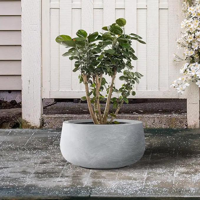 Kante 11.8" Dia Round Concrete Planter, Cement Plant Pots with Drainage Hole and Rubber Plug for Outdoor Indoor Garden Home, Modern Curvaceous Design, Gray by GreenHaven Gardens