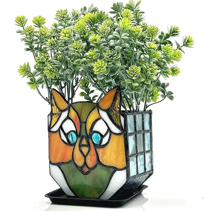 Cat Flower Pots for Indoor Plants,Stained Glass Cat Plant Displays,Cat Succulent Planter,Candle Holder Container Decoration,4.6x5.15x2.3 in (Without Succulents) by GreenHaven Gardens