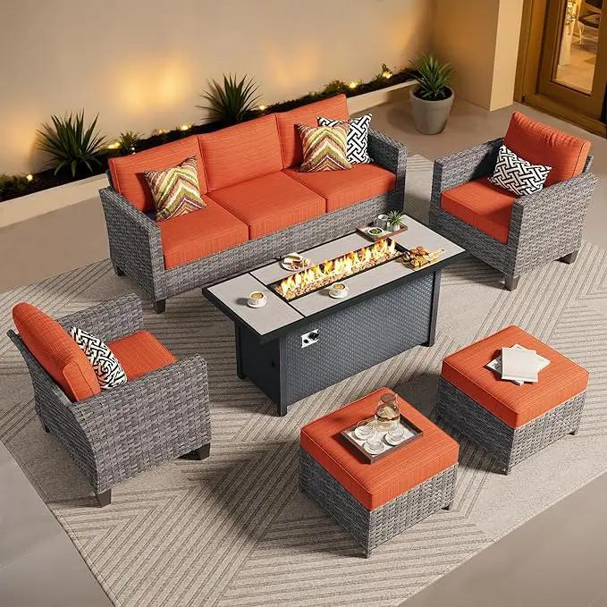 ovios 6 Pieces Patio Furniture Set with 54" Fire Pit Table, Outdoor Wicker Sofa with Comfy Cushions, All Weather High Back Rattan Couch Conversation Set, Orange Red by GreenHaven Gardens