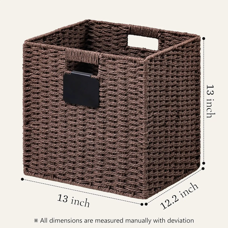 UBBCARE 2 Pack Wicker Basket, 13×13 Storage Cubes with Label, Foldable Cube Storage Bin with Handle, Square Storage Basket for Shelves, Woven Paper Rope Basket for Organizing, Brown by GreenHaven Gardens