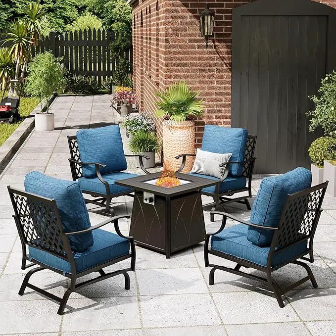Patio Furniture Set with Fire Pit Table, 5 Pcs Metal Outdoor Conversation Set, 4 Rocking Chairs with 5.75" Extra Thick Cushion and 28" Fire Pit Table for Backyard Deck, Green Blue by GreenHaven Gardens