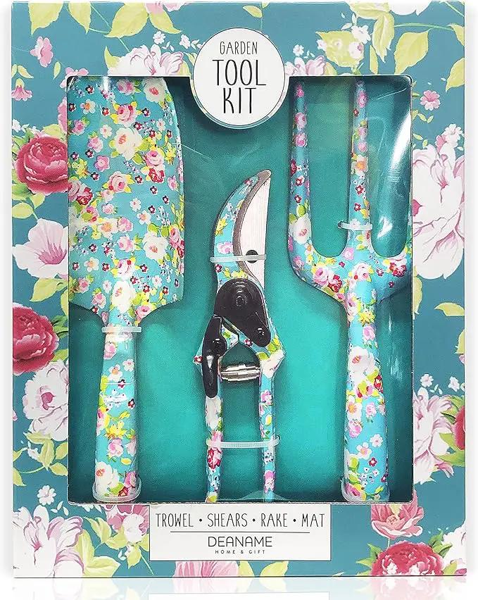 Garden Tool Set Gardening Hand Tools Kit, Floral Sturdy Garden Gifts, 4 PCS Heavy Duty Shovel Kit Including Trowel, Sharp Pruner, Hand Rake, and Mat (Blue Set) by GreenHaven Gardens