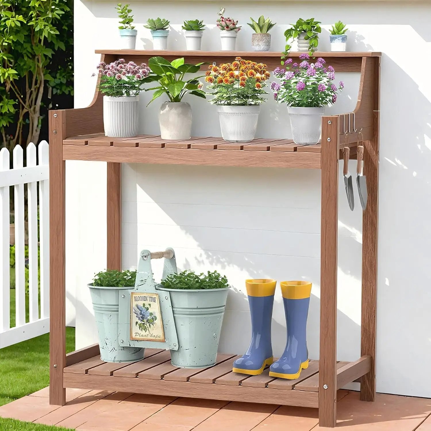 HDPS Potting Bench, All Weather Potting Table with 8 Hooks and Highten Tabletop, Easy Assembly Garden Work Bench, Outdoor Potting Benches for Outside Patio Lawn, 360LBS Capacity, Teak by GreenHaven Gardens