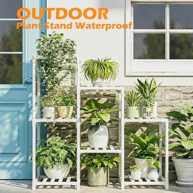Bamworld Indoor Plant Stand Outdoor White Shelf Bamboo Plant Table for Multiple Plants 3 Tiers 7 Pots Ladder Holder Pot Window Garden Balcony Living Room by GreenHaven Gardens