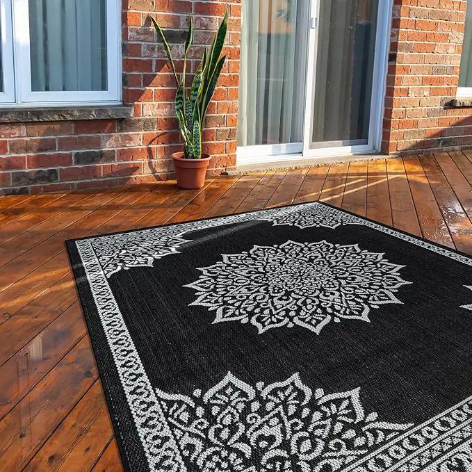 CAMILSON Outdoor Rug, 5x7 Medallion Black White Modern Area Rugs for Indoor and Outdoor Patios, Kitchen and Hallway Mats, Washable Porch Deck Outside Carpet (Medallion Black, 5 x 7) by GreenHaven Gardens