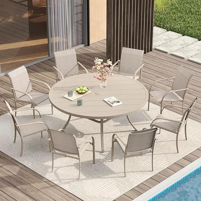 VICLLAX Patio Dining Set for 8, Outdoor Furniture Set Includes 53" Round Patio Table and 8 Patio Sling Chairs, Sandshell Color Tabletop and Fabric by GreenHaven Gardens