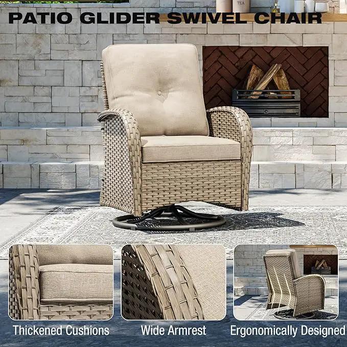 Joyside Outdoor Swivel Rocker Chairs, 6 Piece Wicker Patio Set with Thick Cushion and Side Table, Rattan Patio Swivel Rocking Chairs for Porch, Deck Use (Natural/Beige, 6 PCS) by GreenHaven Gardens