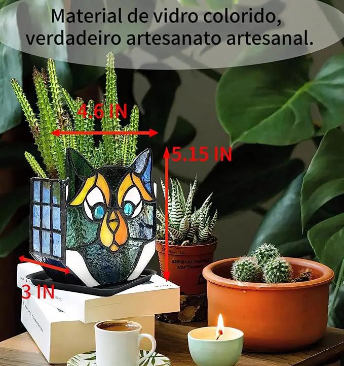 Cat Stained Glass Pot,Cat Flower Pots for Indoor Plants,Cat Plant Decor,Fun Plant Pots Gift 4.6x3x5.15 in(Excluding Plants) by GreenHaven Gardens