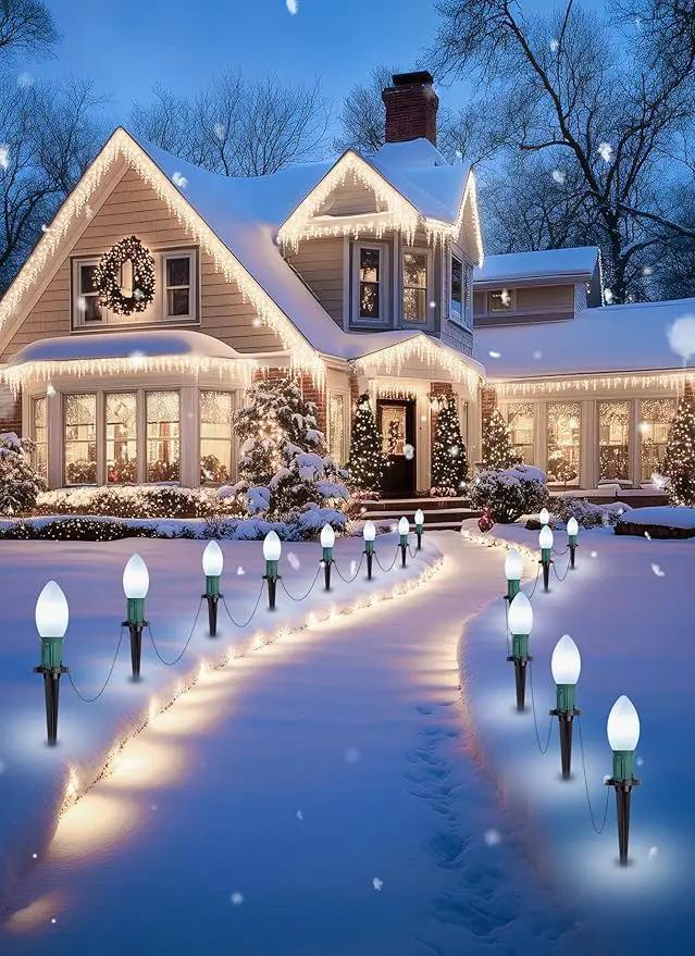 Brightown Frosted C9 LED Christmas Lights Outdoor, 32Ft Pathway Lights with 25 LED Bulbs, Pure White by GreenHaven Gardens