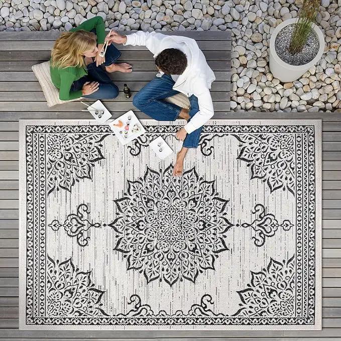 CAMILSON Outdoor Rug, 8x10 Medallion White Black Modern Area Rugs for Indoor and Outdoor Patios, Kitchen and Hallway Mats, Washable Porch Deck Outside Carpet (Medallion White, 8 x 10) by GreenHaven Gardens