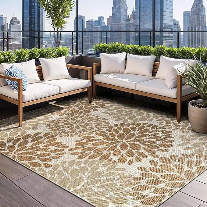 Beverly Rug Outdoor Rug 9x12 Modern Exotic Tropical Leaf Area Rugs for Indoor and Outdoor Patio Deck Porch Garden Water Resistant Washable Outside Carpet (9 x 12 Beige) by GreenHaven Gardens