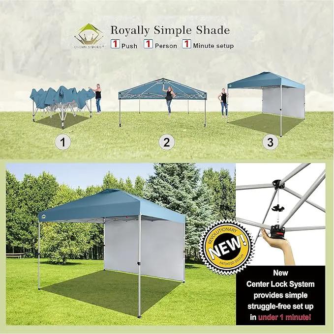 CROWN SHADES 10x10 Pop Up Canopy with 1 Side Wall - Beach Tent with One Push Setup - Outdoor Sun Shade for Events, Parties, Camping - Gazebo with STO-N-Go Cover Bag (Cyan Blue) by GreenHaven Gardens