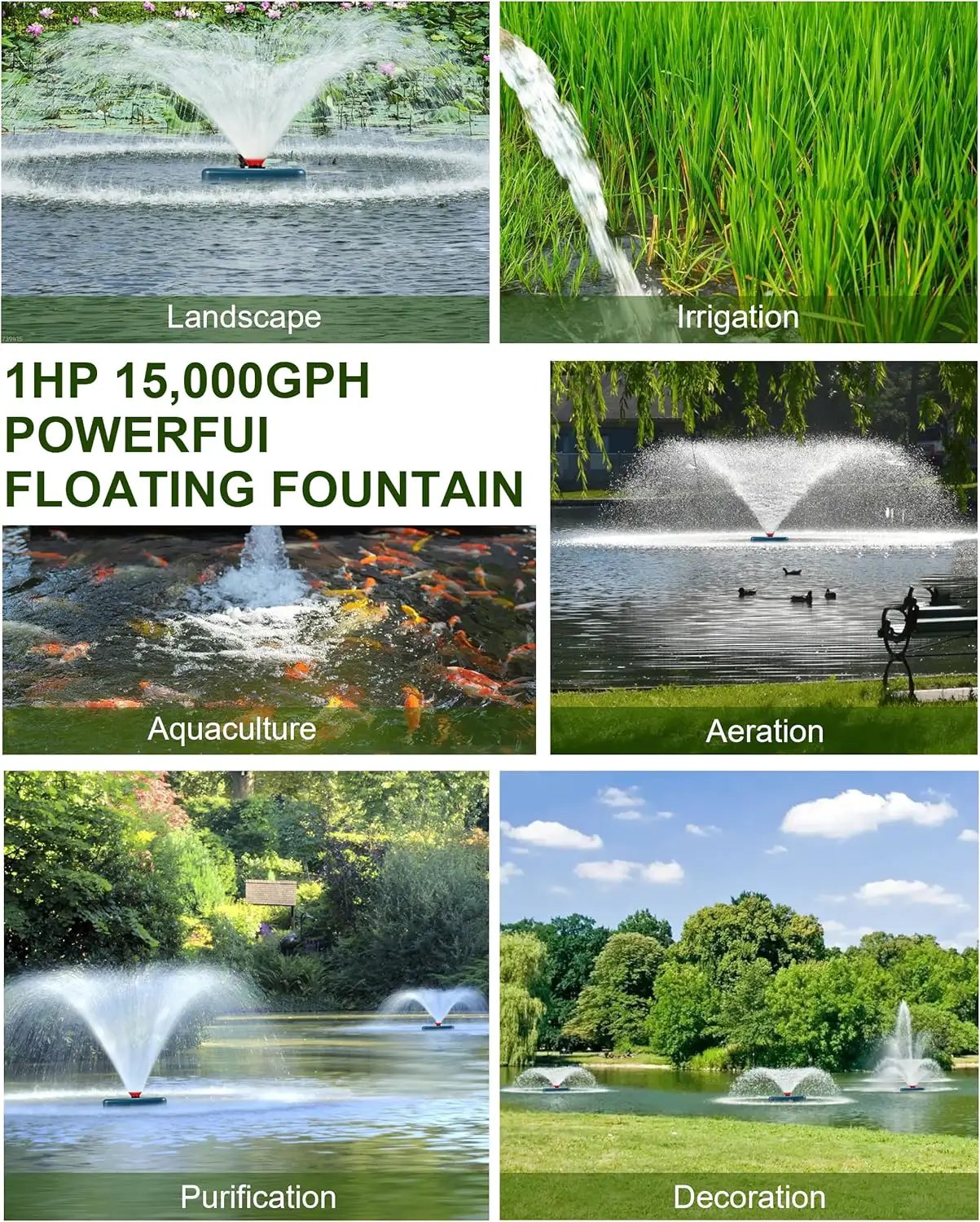 Pond Fountain Aerator 1HP, AS1 750W 15000GPH 110V 120V High Flow Floating Water Fountain Pump With 100ft Power Cord, Thickened Body Aerating Fountains Cascade for Large Small Pond/Lake (No Timer) by GreenHaven Gardens