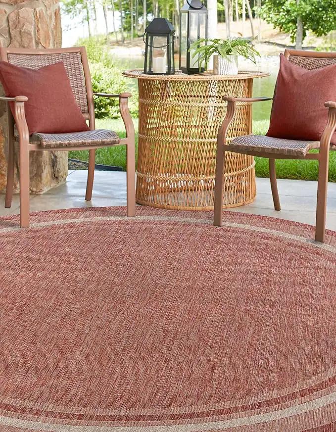 Unique Loom Outdoor Border Collection Area Rug - Soft Border (13'Round, Rust Red/ Ivory) by GreenHaven Gardens
